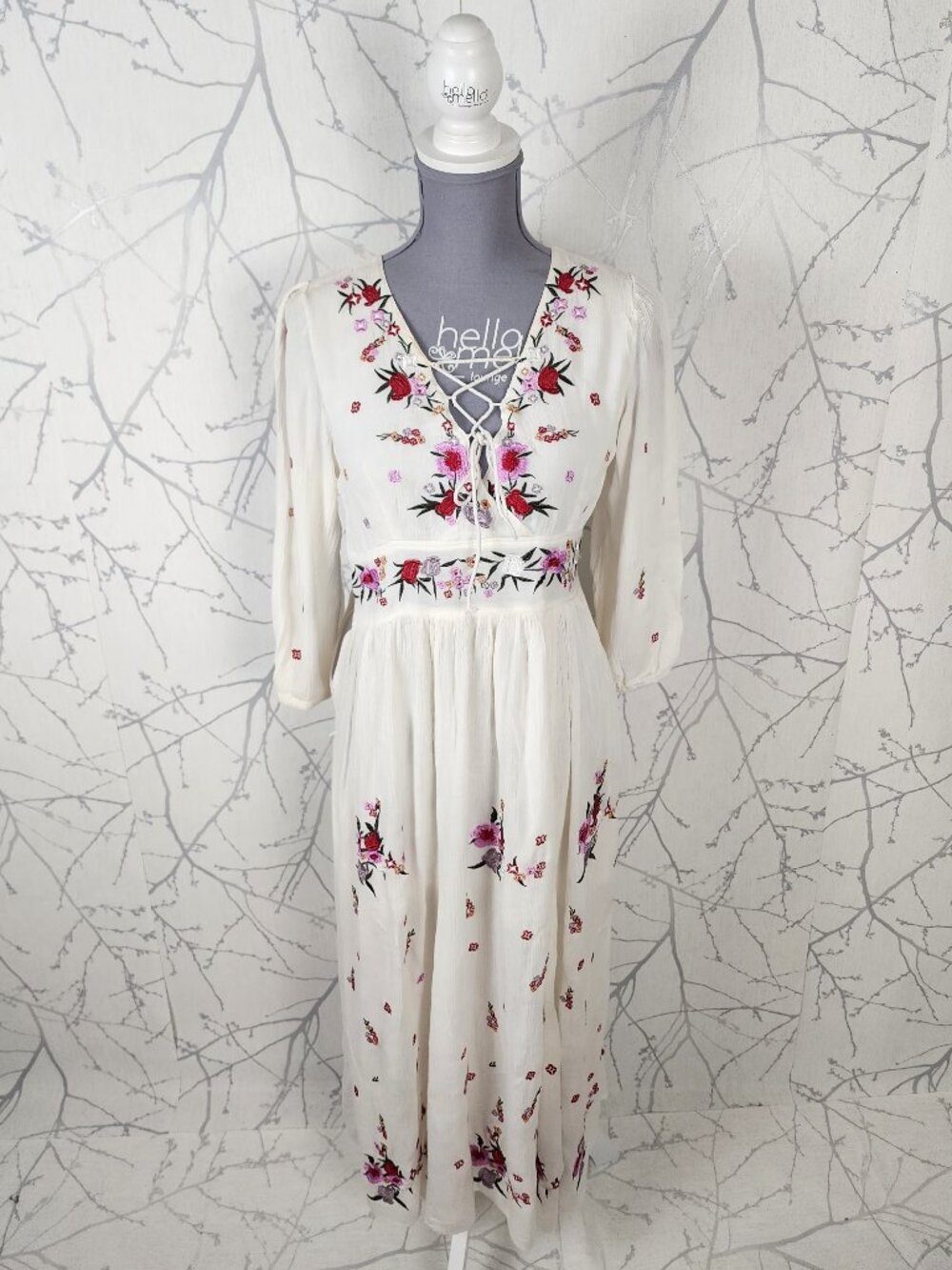 Chicwish Floral Embroidered Crinkle Lace Up V-Neck Long Dress